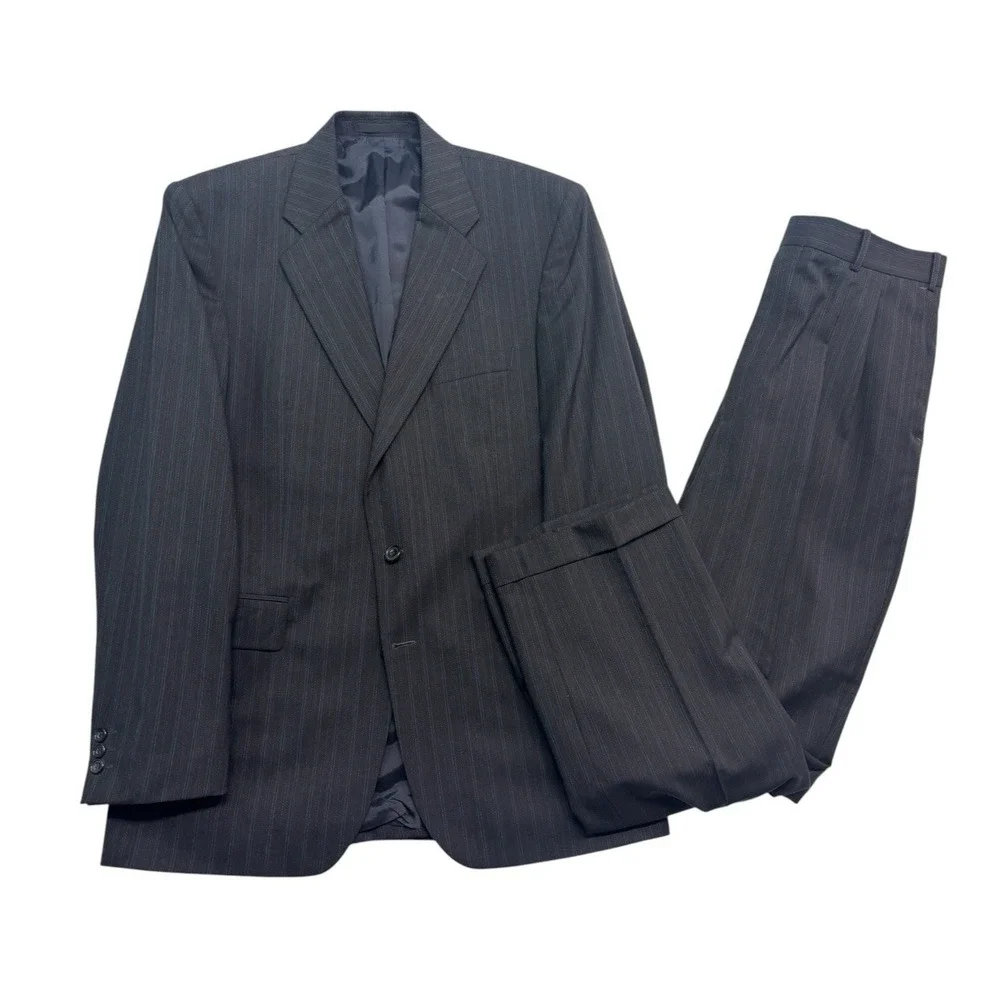 Alexandre London Savile Row 42L 34x32 Black Stripe 2pc‎ Pant Suit Wool Pleated